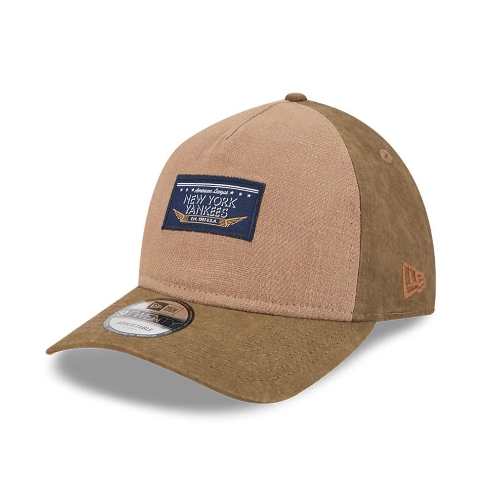 New York Yankees MLB Open Brown New Era 9TWENTY A-Frame Adjustable Cap, three-quarter view showing a navy patch with gold and white embroidery on the front panel, an unstructured brown visor with a 9TWENTY size sticker.