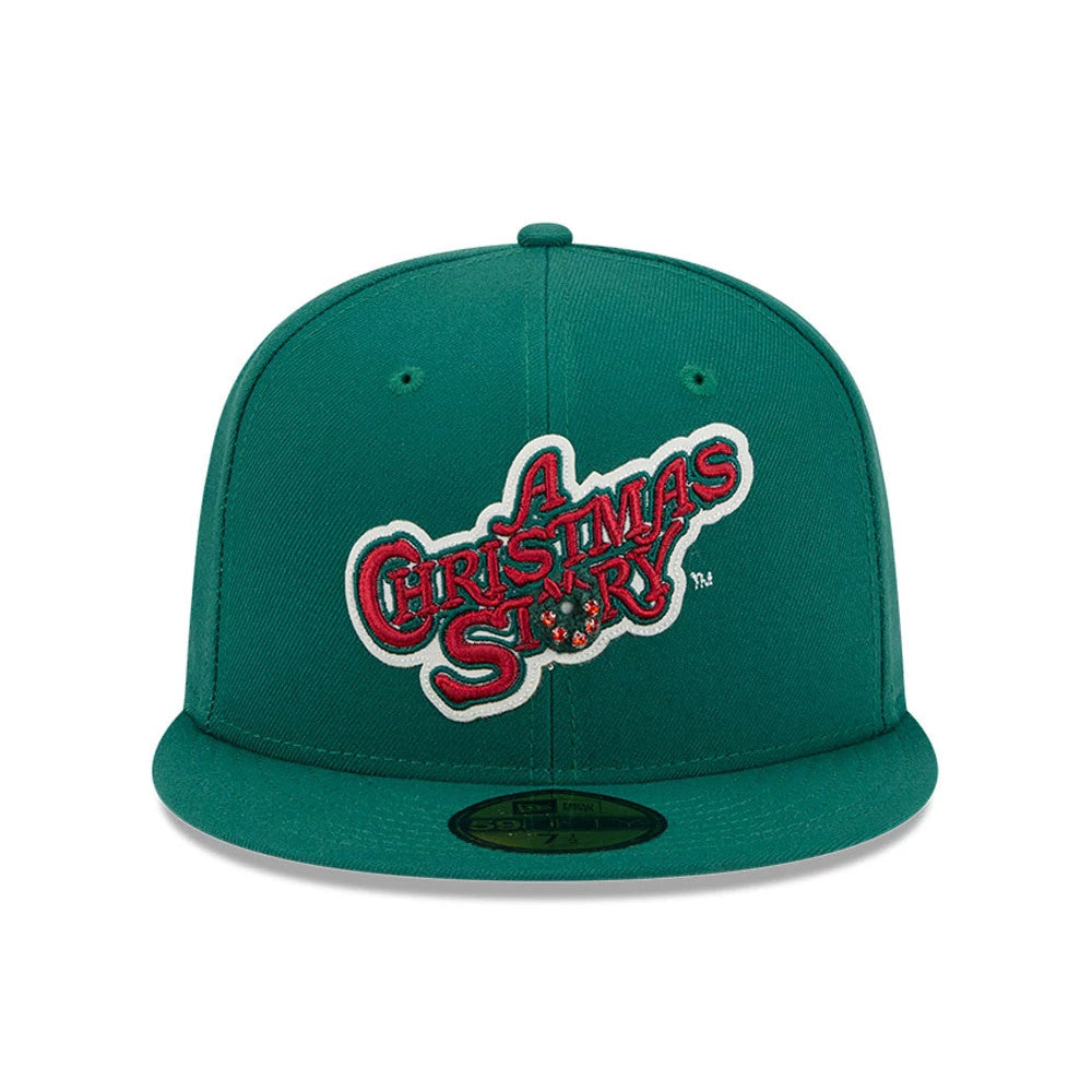 A Christmas Story Warner Brothers Green New Era 59FIFTY Fitted Cap, front view showing the raised red embroidered logo with white outline on the structured green crown, green visor, and gold 59FIFTY size sticker.