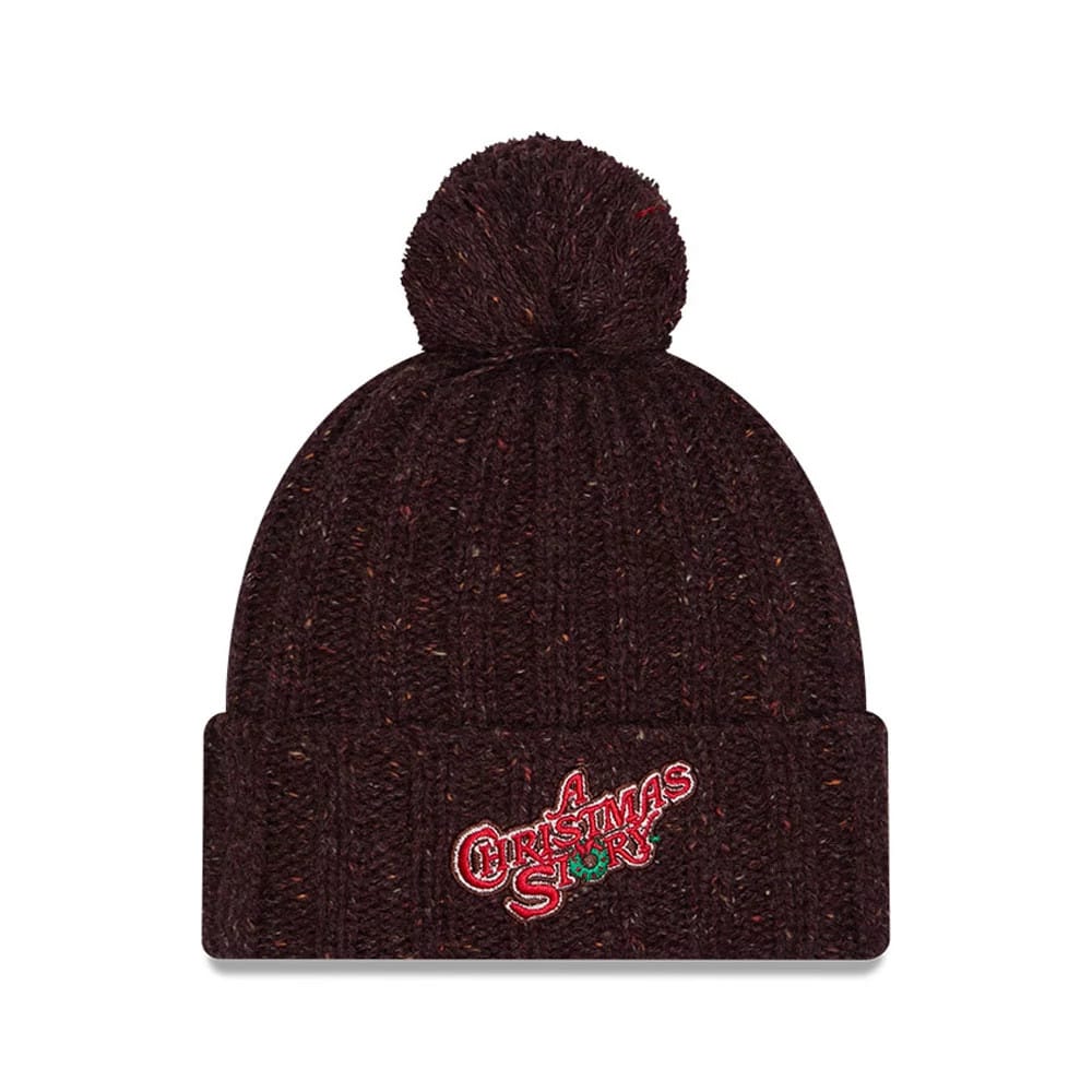 New Era A Christmas Story Open Brown Cuff knit Beanie Hat, front view showing the red and green embroidered A Christmas Story logo on the cuff, with a textured knit fabric and topped with a matching pom pom.