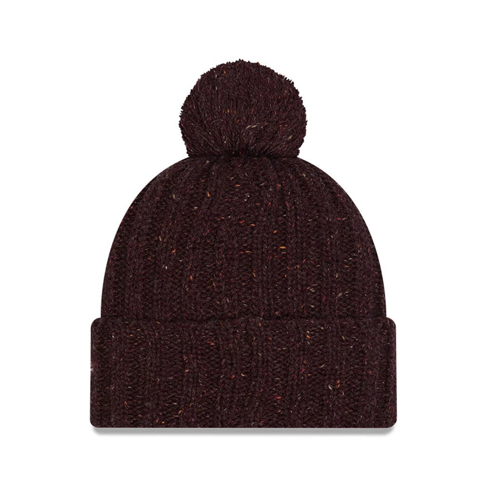 New Era A Christmas Story Open Brown Cuff knit Beanie Hat, front view showing a textured ribbed knit pattern with a large matching pom-pom on top, in a deep brown hue with flecks of colour throughout.