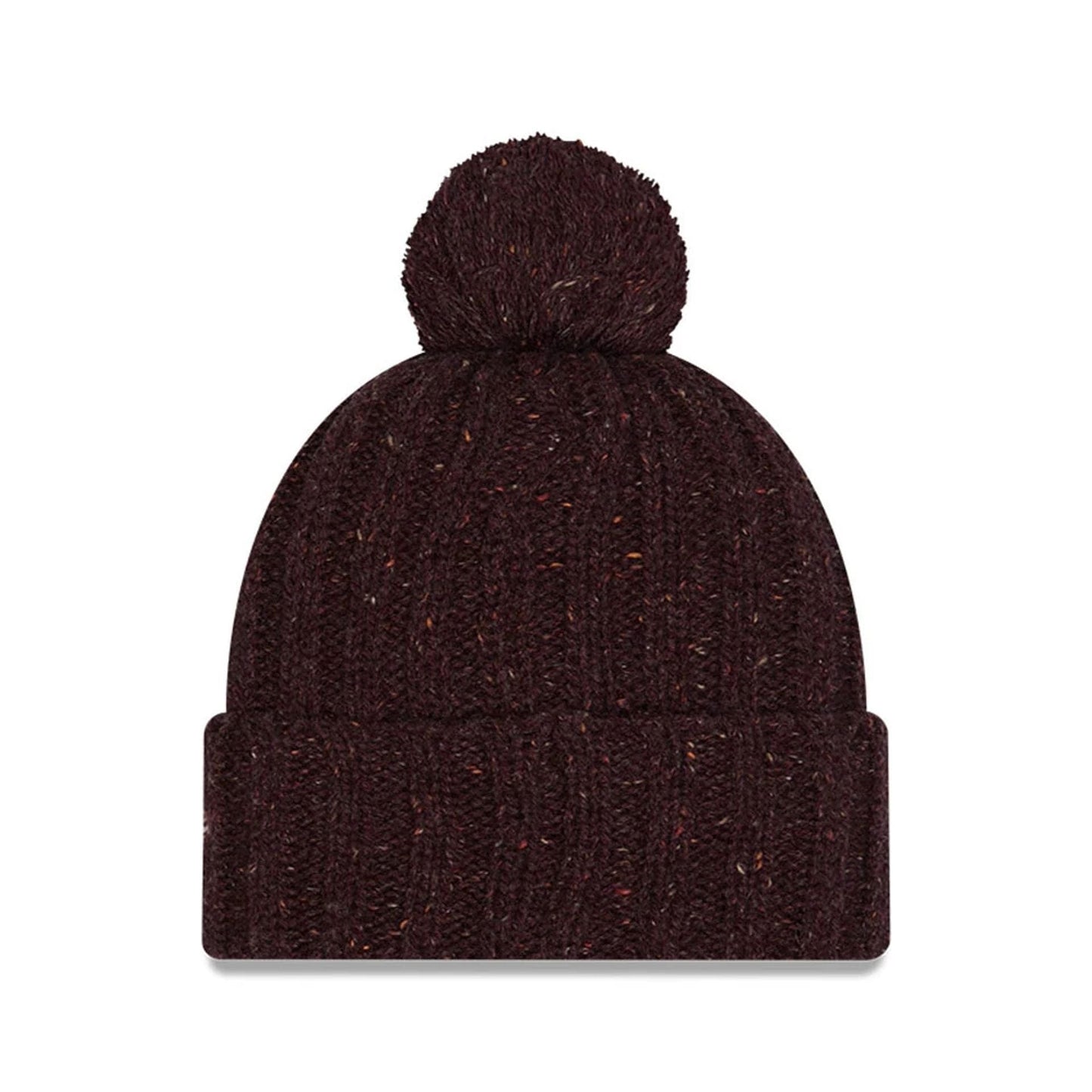 New Era A Christmas Story Open Brown Cuff knit Beanie Hat, front view showing a textured ribbed knit pattern with a large matching pom-pom on top, in a deep brown hue with flecks of colour throughout.
