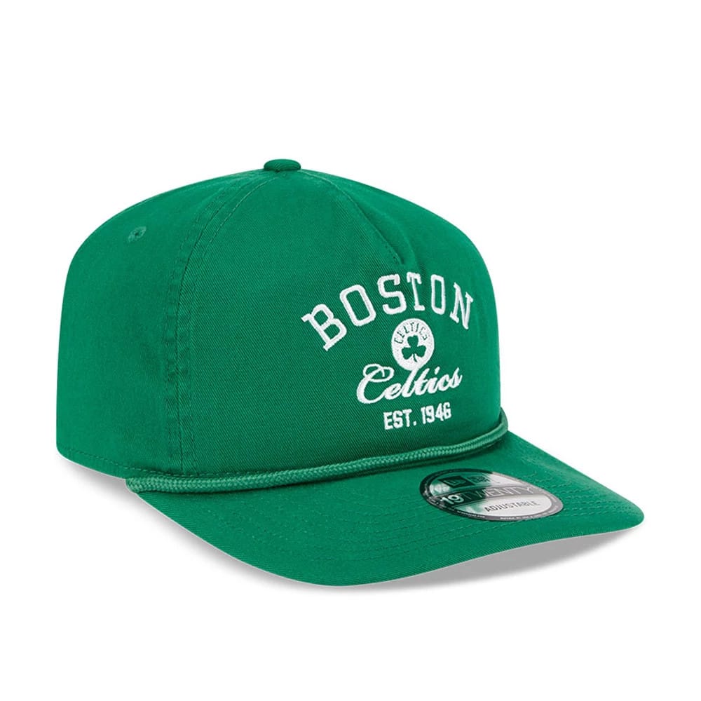 Boston Celtics NBA All Star Game 2026 Green New Era 19TWENTY Adjustable Cap, three-quarter view showing the white embroidered Boston Celtics logo on the structured green crown, with a green visor and an adjustable 19TWENTY size sticker.
