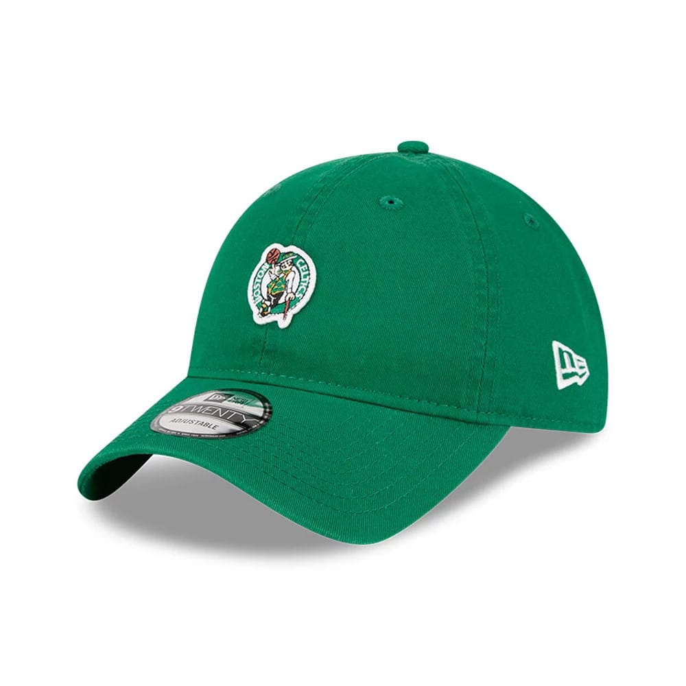 Boston Celtics NBA All Star Game 2026 Green New Era 9TWENTY Adjustable Cap, three-quarter view with a raised embroidered team logo on the front panel and the New Era flag logo on the left side, featuring a green curved visor.