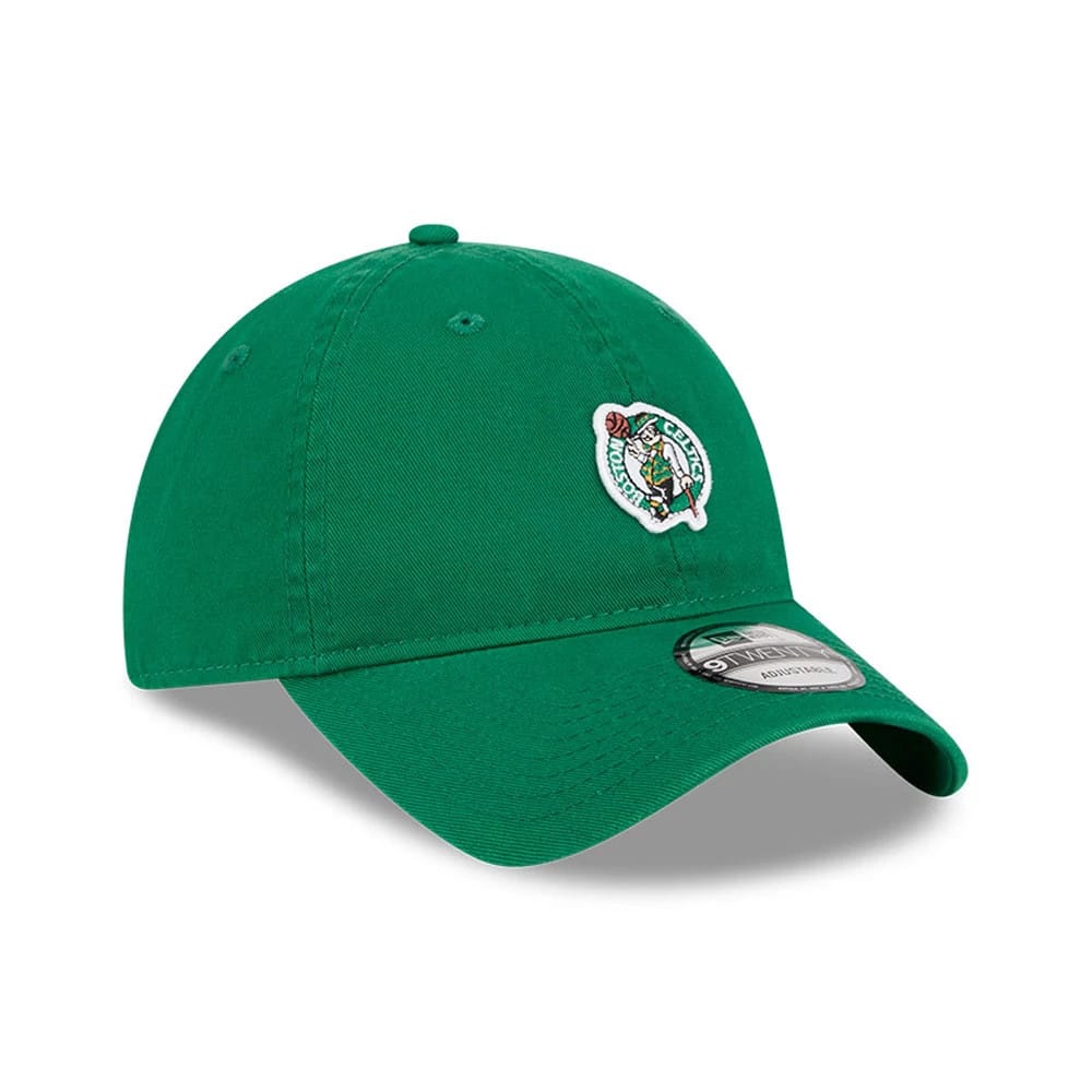 Boston Celtics NBA All Star Game 2026 Green New Era 9TWENTY Adjustable Cap, three-quarter view showing the raised embroidered Boston Celtics logo on the front panel and a 9TWENTY size sticker on the curved visor.