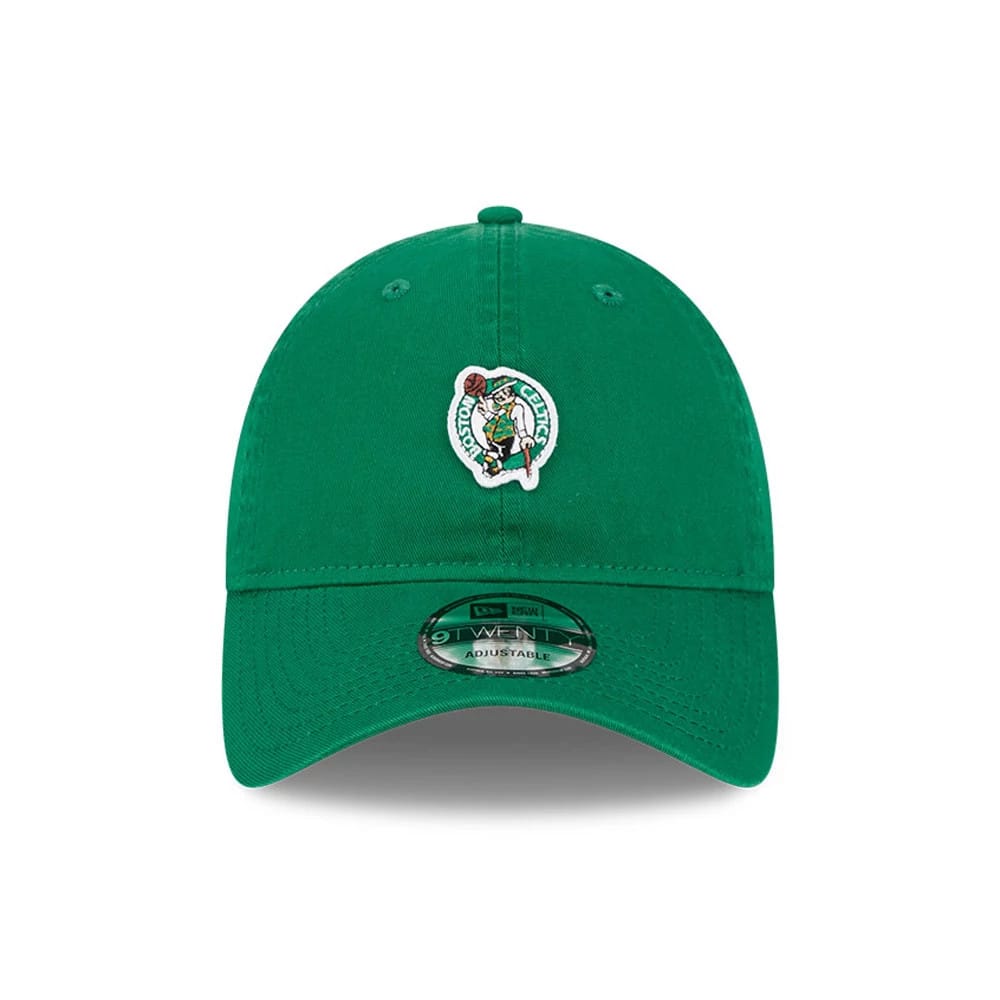 Boston Celtics NBA All Star Game 2026 Green New Era 9TWENTY Adjustable Cap, front view showing the embroidered Celtics logo on the front panel, green curved visor, and 9TWENTY size sticker on the centre of the visor.