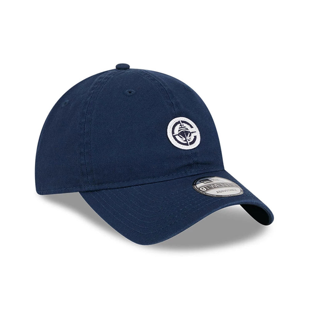 LA Clippers NBA All Star Game 2026 Dark Blue New Era 9TWENTY Adjustable Cap, three-quarter view showing the white embroidered All Star logo on the front panel, curved dark blue visor, and 9TWENTY size sticker on the top.