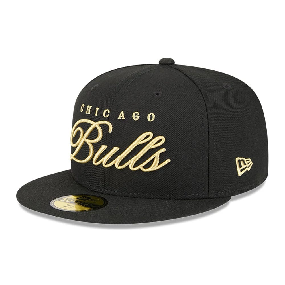 Chicago Bulls NBA All Star Game 2026 Black New Era 59FIFTY Fitted Cap, front view showing the gold embroidered Chicago Bulls script logo on the black structured crown, with a flat visor and gold 59FIFTY size sticker.