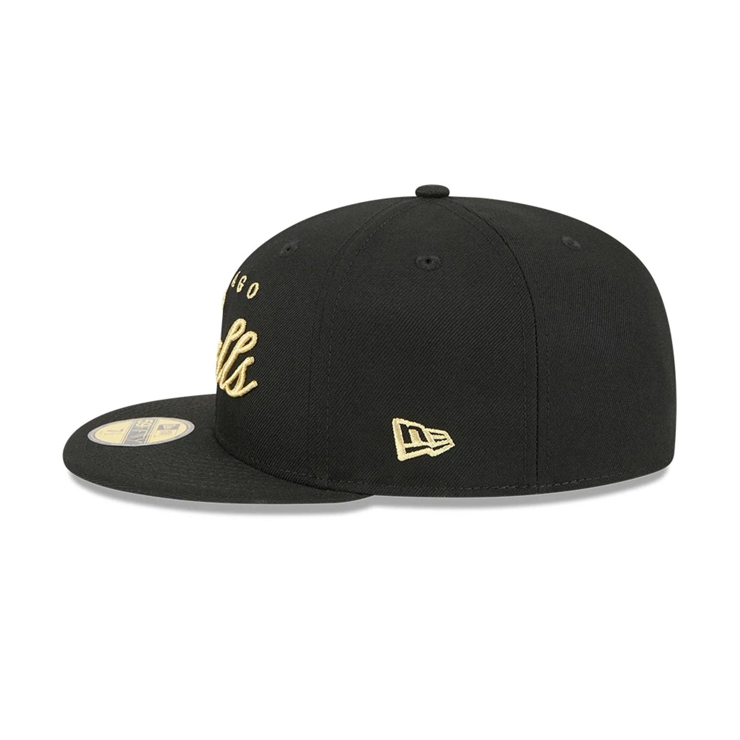 Chicago Bulls NBA All Star Game 2026 Black New Era 59FIFTY Fitted Cap, side view showing a gold embroidered New Era flag logo on the left side and the structured black crown with a flat visor and gold 59FIFTY size sticker.