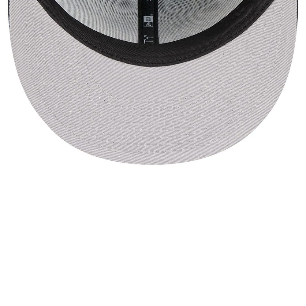Chicago Bulls NBA All Star Game 2026 Black New Era 59FIFTY Fitted Cap, inside view showing grey undervisor, black sweatband, and branded taping along the interior seams of the structured crown.
