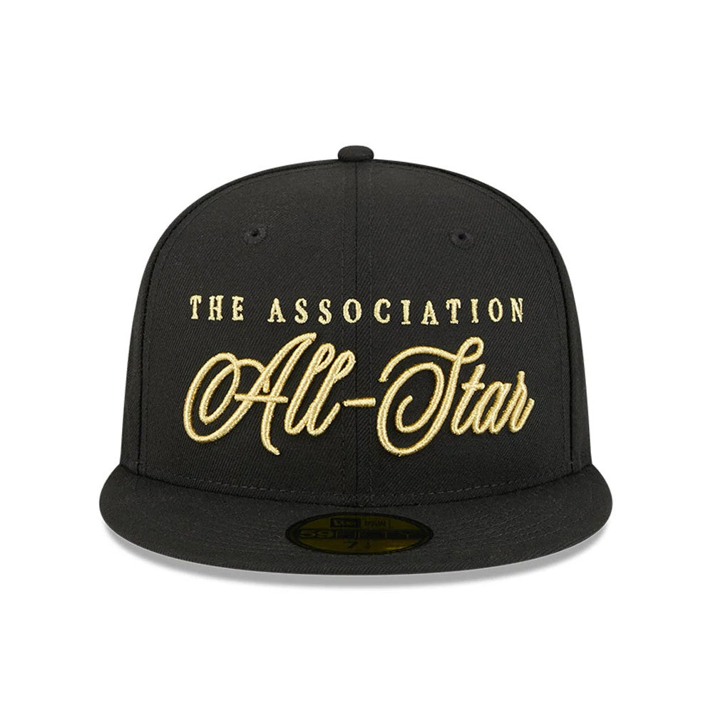 NBA All Star Game 2026 Black New Era 59FIFTY Fitted Cap, front view showing gold embroidered The Association All-Star lettering on the structured black crown, with a black 59FIFTY size sticker on the visor.