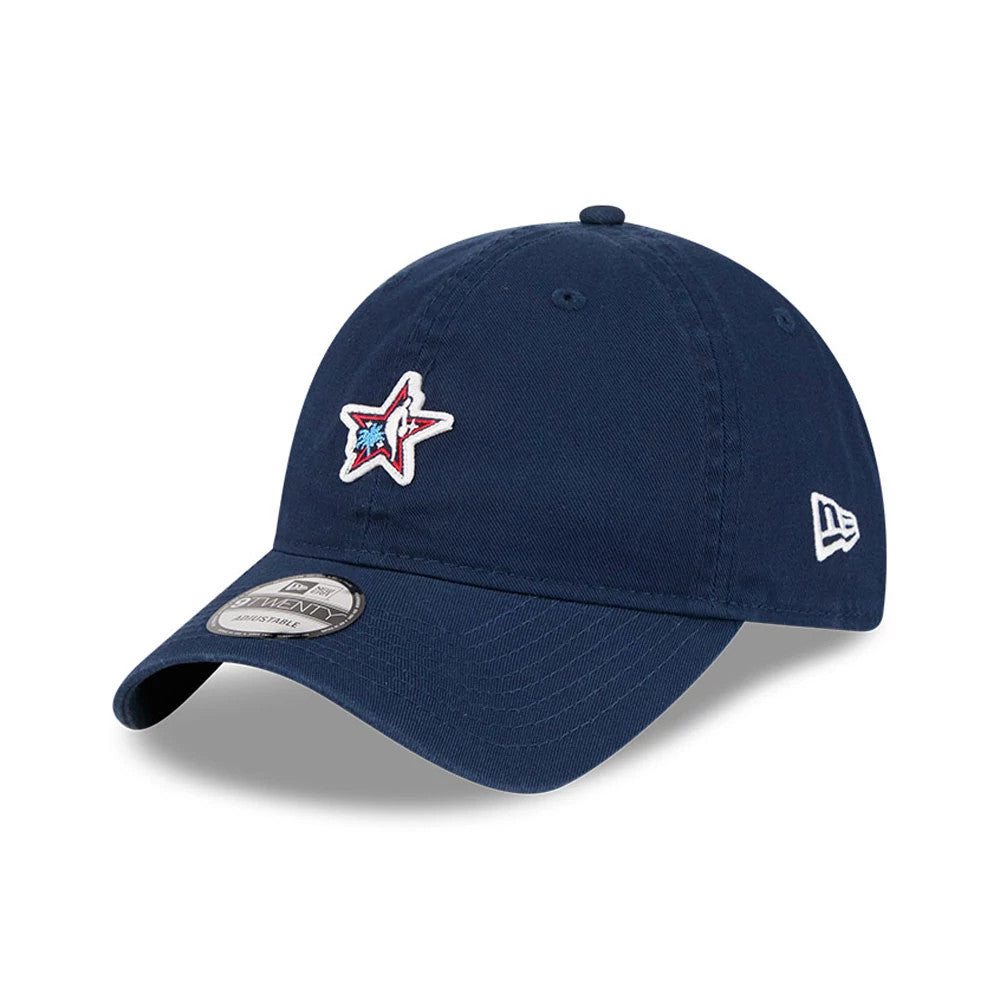 NBA All Star Game 2026 Dark Blue New Era 9TWENTY Adjustable Cap, three-quarter view featuring a star and basketball graphic embroidered on the front panel, with a dark blue curved visor and 9TWENTY size sticker.