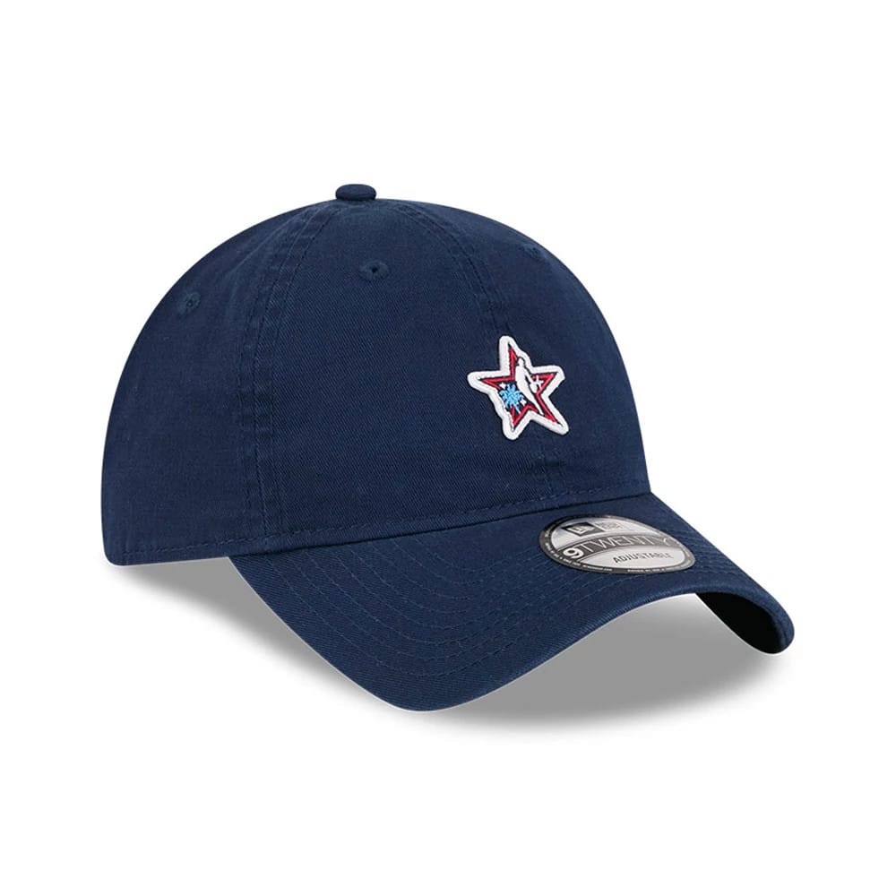 NBA All Star Game 2026 Dark Blue New Era 9TWENTY Adjustable Cap, three-quarter view showing the embroidered red and white star logo on the front panel, with a curved dark blue visor featuring a 9TWENTY size sticker.