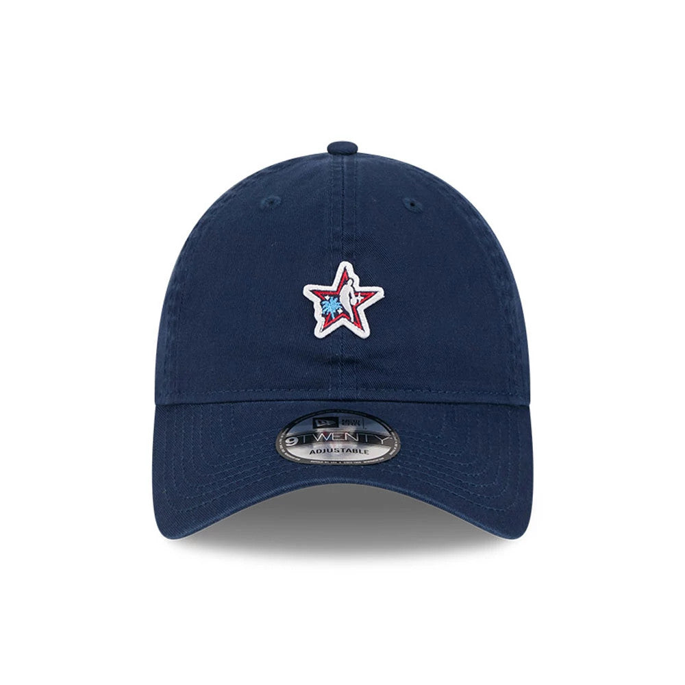 NBA All Star Game 2026 Dark Blue New Era 9TWENTY Adjustable Cap, front view showing the white, red, and blue embroidered star logo on the crown, with a curved visor and 9TWENTY size sticker.