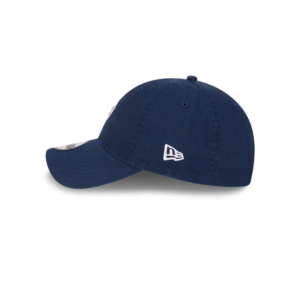 NBA All Star Game 2026 Dark Blue New Era 9TWENTY Adjustable Cap, side view showing the white New Era flag logo embroidered on the dark blue crown with stitching and an unstructured curved visor.