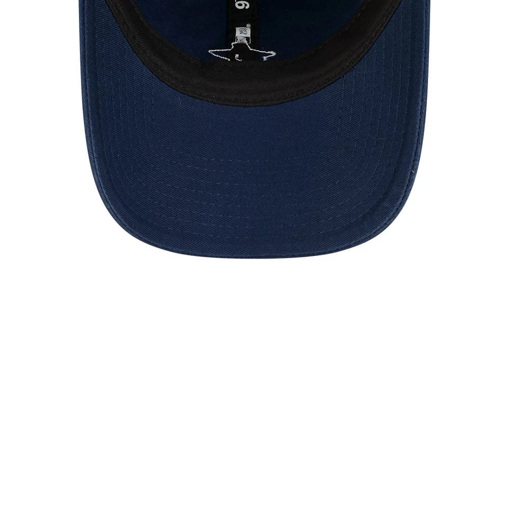 NBA All Star Game 2026 Dark Blue New Era 9TWENTY Adjustable Cap, inside view showing the black sweatband, dark undervisor and black inner taping with size label, highlighting the unstructured crown design.