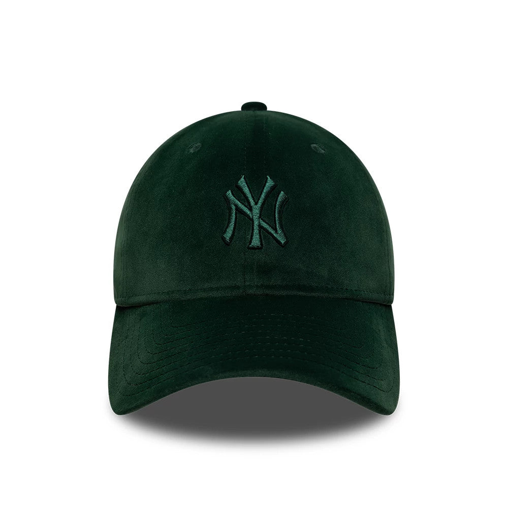 New York Yankees MLB Velour Dark Green New Era 9TWENTY Bow Back Adjustable Cap, front view showing the raised dark green NY logo embroidered on the structured velour crown with matching curved visor and top button.