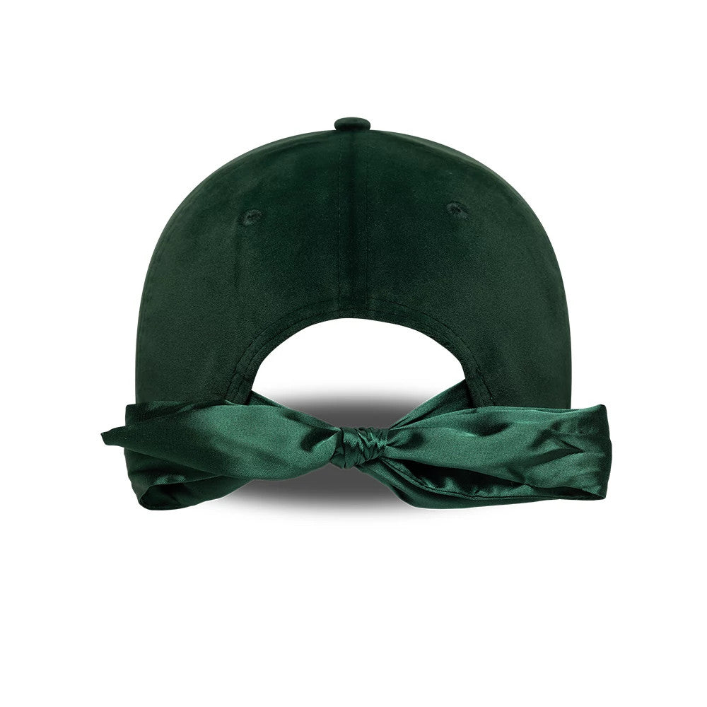 New York Yankees MLB Velour Dark Green New Era 9TWENTY Bow Back Adjustable Cap, rear view showing a large satin bow tied at the back above the open strap design on the rich dark green velour fabric.