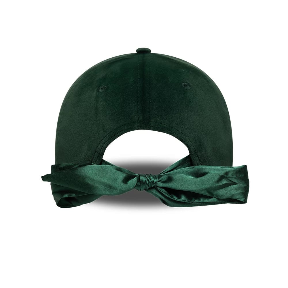 New York Yankees MLB Velour Dark Green New Era 9TWENTY Bow Back Adjustable Cap, rear view showing a large satin bow tied at the back above the open strap design on the rich dark green velour fabric.
