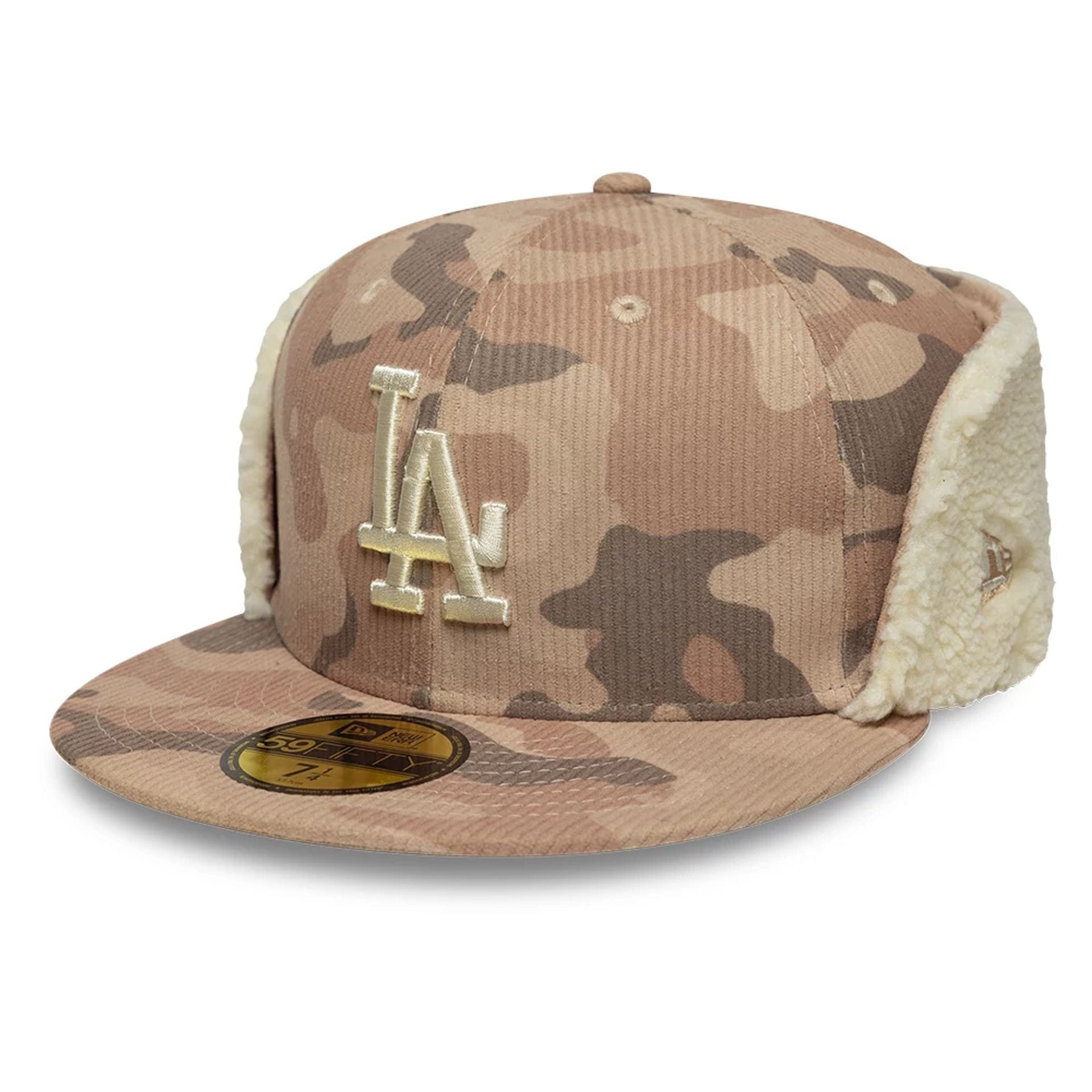 Pictured is this MLB Cord LA Dodgers Downflap 59FIFTY Fitted cap in light beige. 1