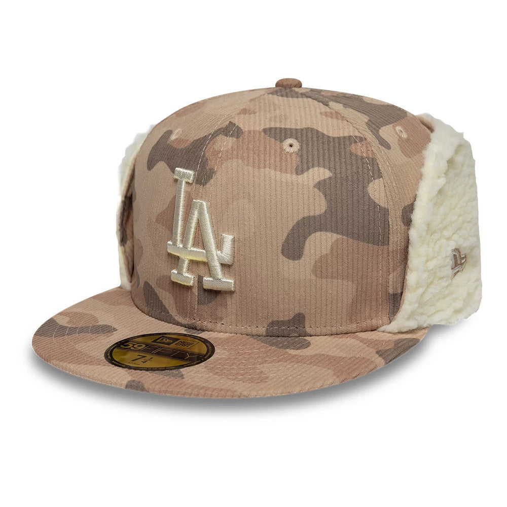 LA Dodgers MLB Cord Light Beige Downflap New Era 59FIFTY Fitted Cap, three-quarter view showing the white embroidered LA logo on the front panel, camo pattern on the cord fabric, and the gold 59FIFTY size sticker on the visor.