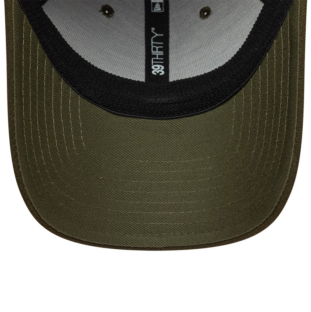 New Era Green 39THIRTY Downflap Stretch Fit Cap, inside view showing the olive green undervisor, black sweatband, grey interior panels with green eyelets, and black 39THIRTY taping along the centre.