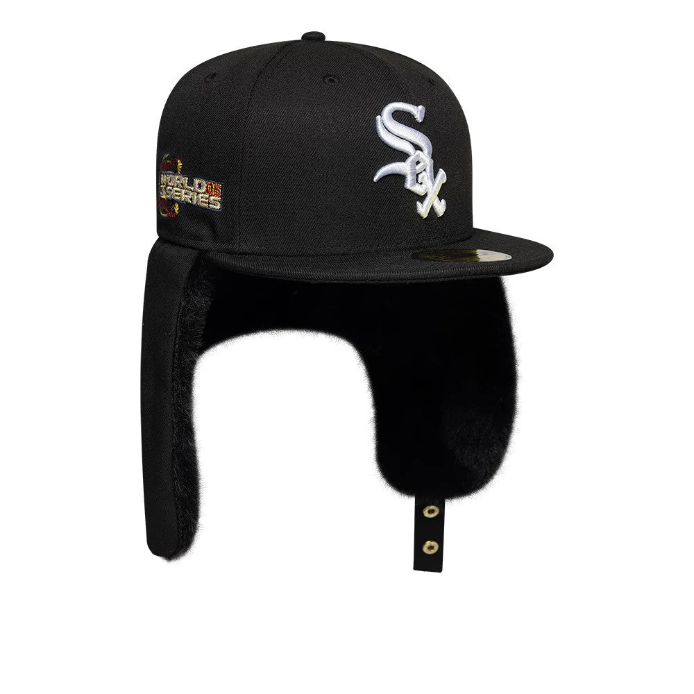 Chicago White Sox MLB World Series Black New Era Dogear 59FIFTY Fitted Cap, three-quarter view showing the raised white Sox logo on the front panel, a World Series patch on the side, black flat visor, and gold 59FIFTY size sticker.