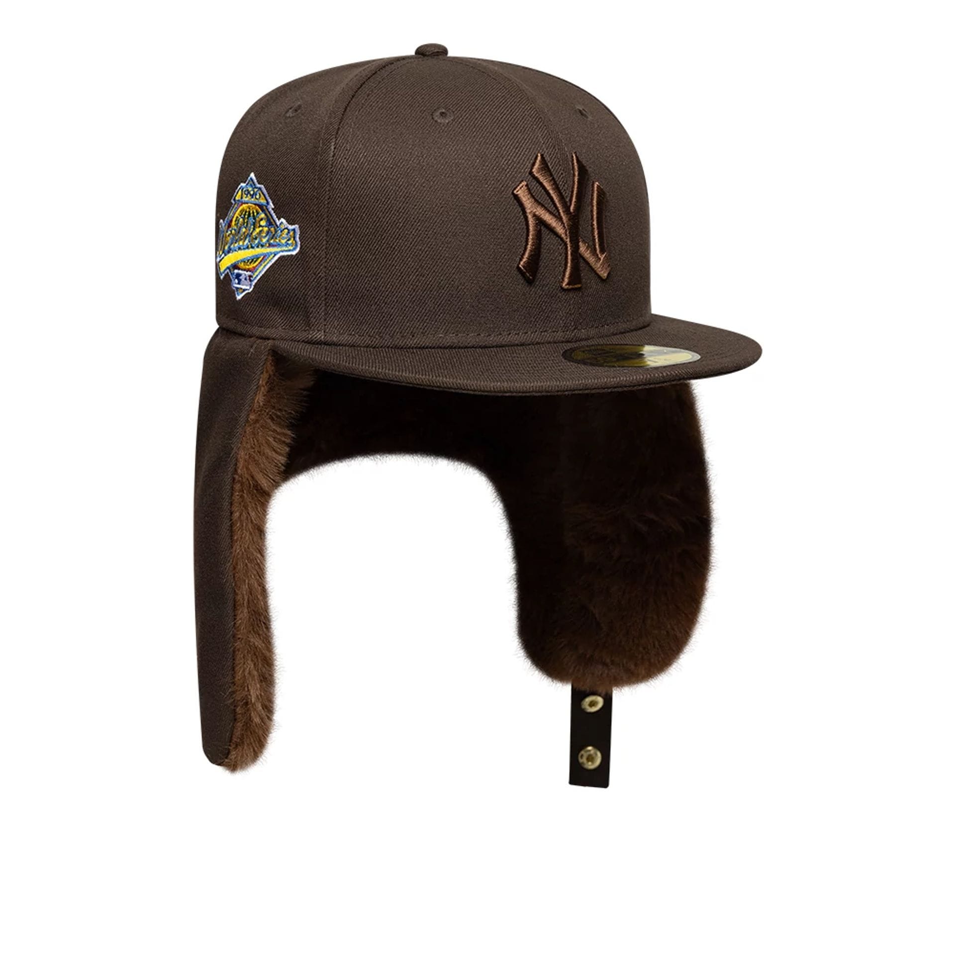 Pictured is this MLB World Series New York Yankees Dogear 59FIFTY Fitted cap in dark brown. 2