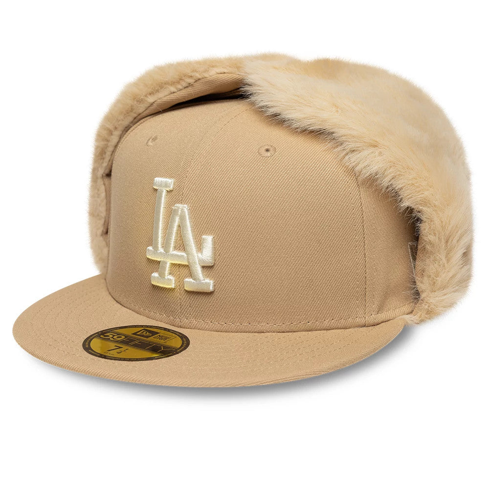 Pictured is this MLB World Series LA Dodgers Dogear 59FIFTY Fitted cap in light beige. 4