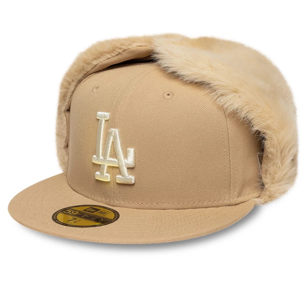Pictured is this MLB World Series LA Dodgers Dogear 59FIFTY Fitted cap in light beige. 4