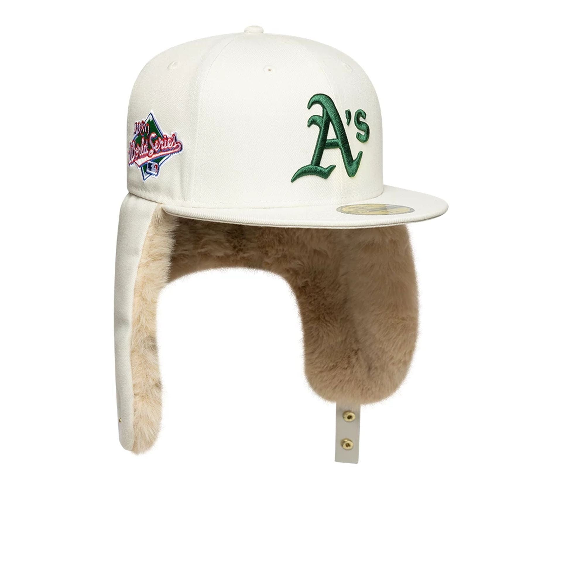 Pictured is this MLB World Series Oakland Athletics Dogear 59FIFTY Fitted cap in cream. 2