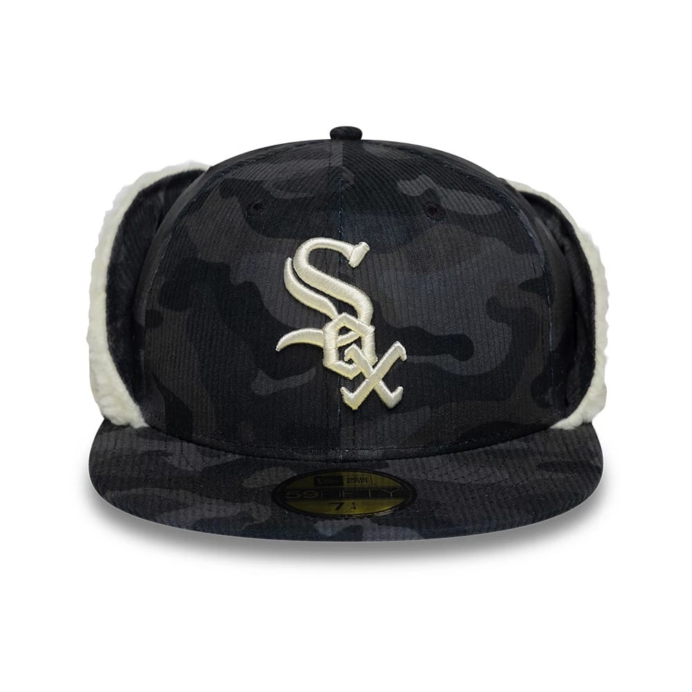 Pictured is this MLB Cord Chicago White Sox Downflap 59FIFTY Fitted cap in black. 2