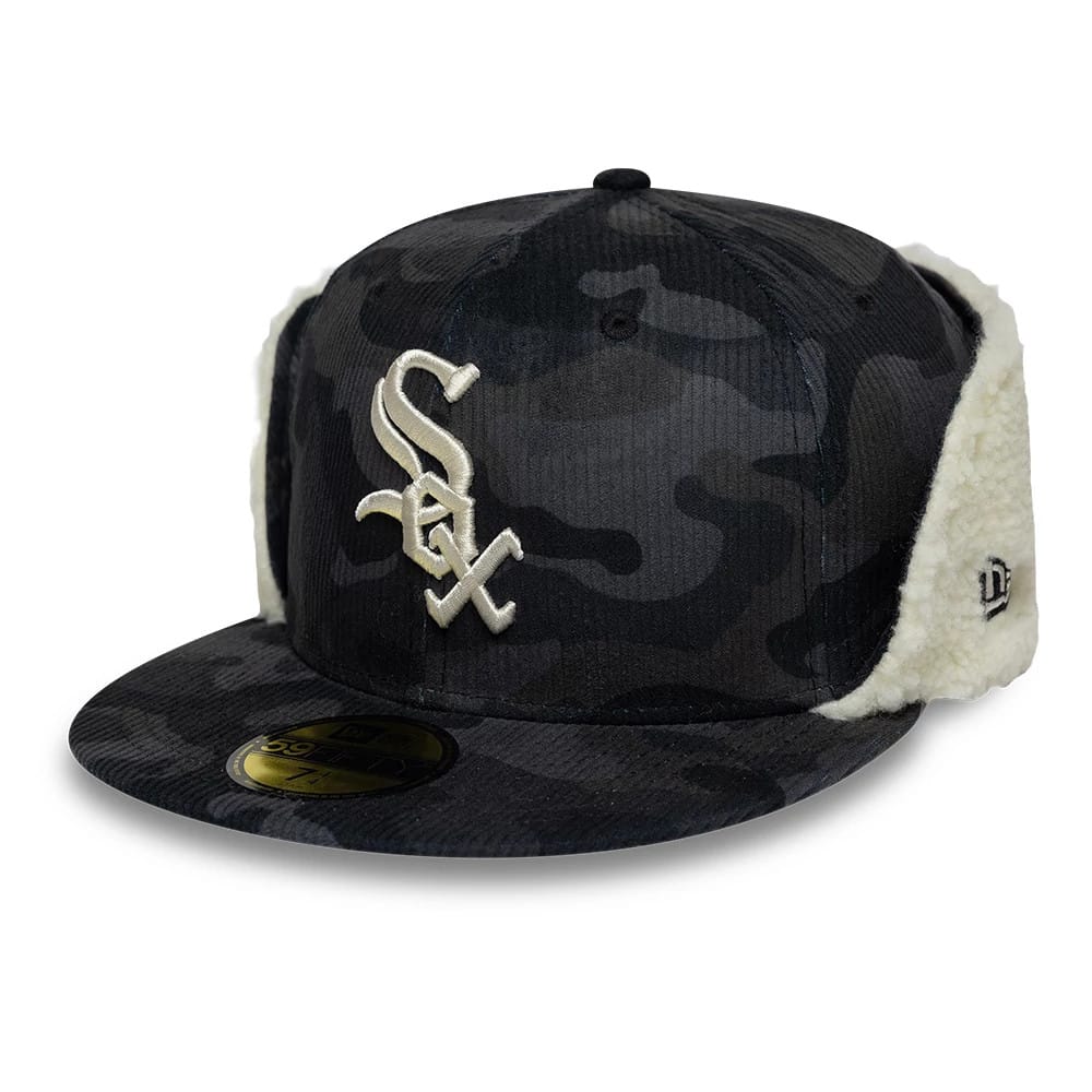 Pictured is this MLB Cord Chicago White Sox Downflap 59FIFTY Fitted cap in black. 1