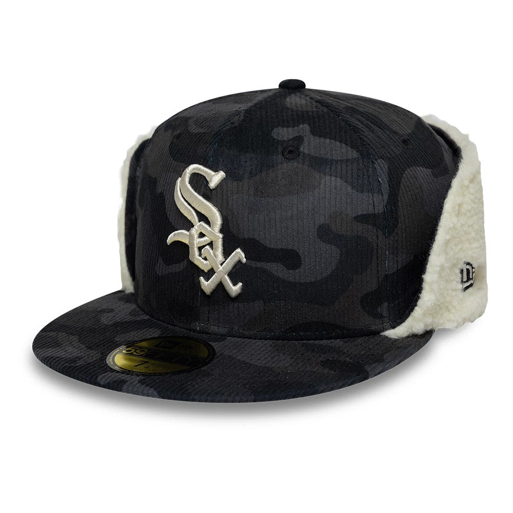 Pictured is this MLB Cord Chicago White Sox Downflap 59FIFTY Fitted cap in black. 1