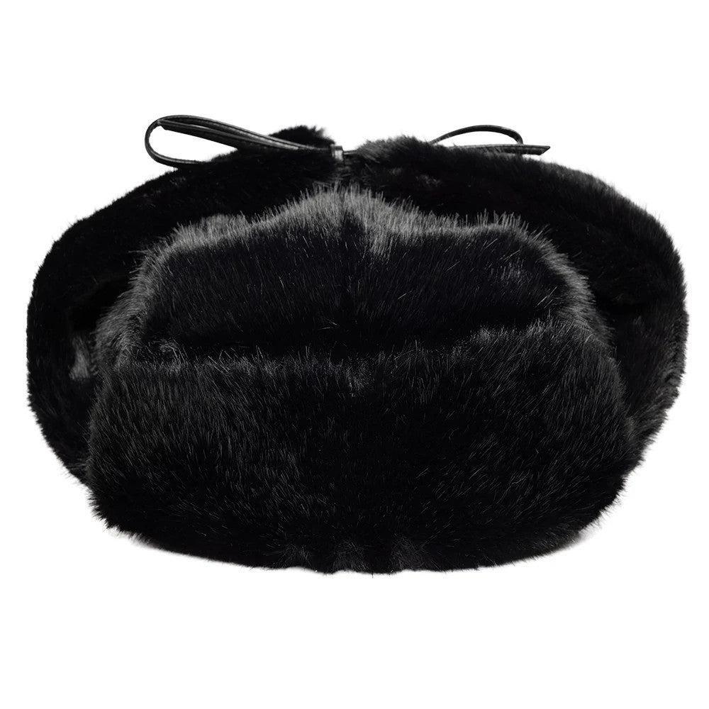 New Era Faux Fur Black Trapper Hat, front view showing the thick plush faux fur lining, with adjustable leather straps on top for a secure fit, highlighting the luxurious texture and design.