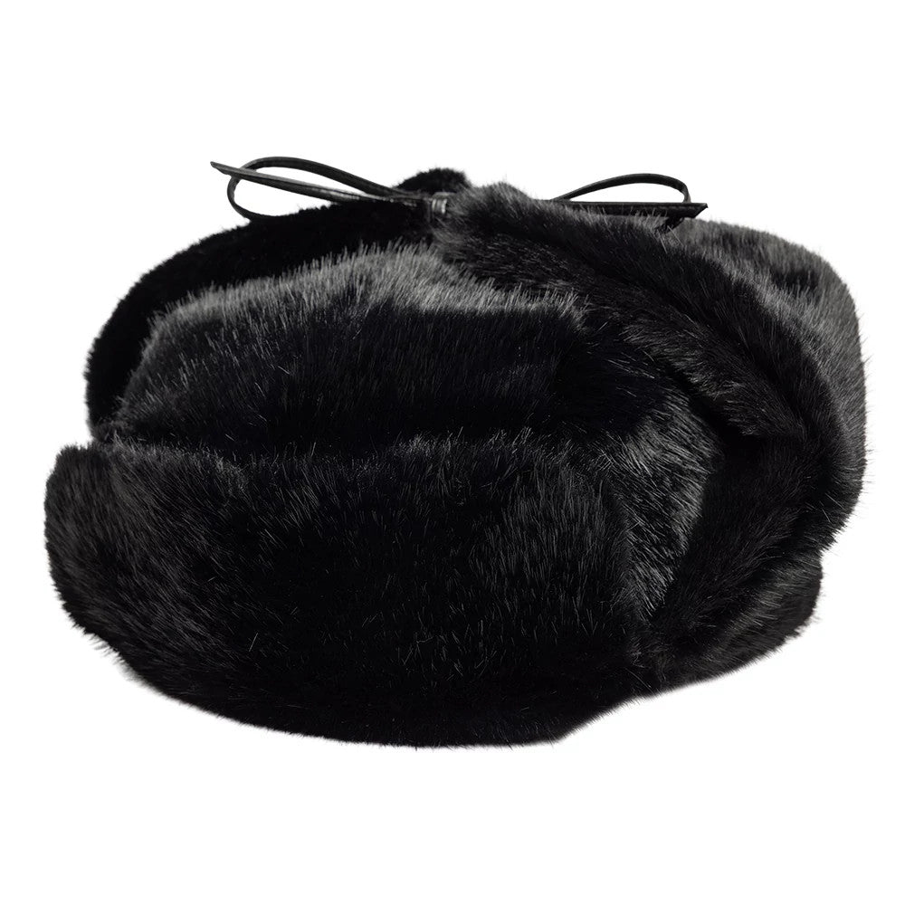 New Era Faux Fur Black Trapper Hat, three-quarter view showing the plush black faux fur texture and a decorative bow at the top, with ear flaps folded up for a appearance.