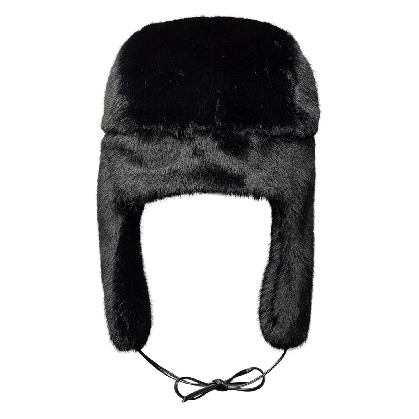 New Era Faux Fur Black Trapper Hat, front view showing the thick faux fur material covering the crown and earflaps, with black drawstrings extending from the earflaps for securing the hat under the chin.