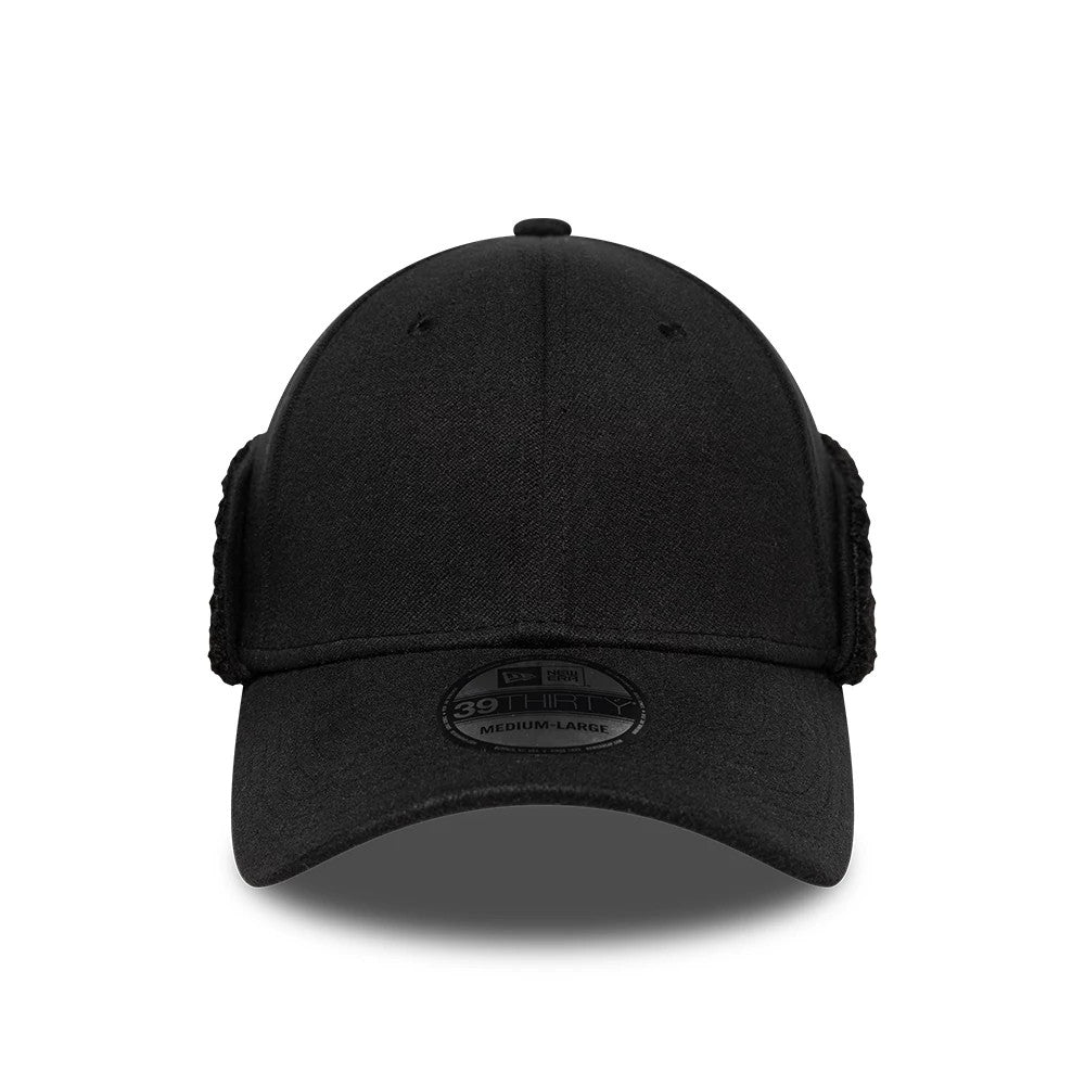 New Era Black 39THIRTY Downflap Stretch Fit Cap, front view showing a black 39THIRTY size sticker on the curved visor with downflap ear covers on each side of the structured black crown.