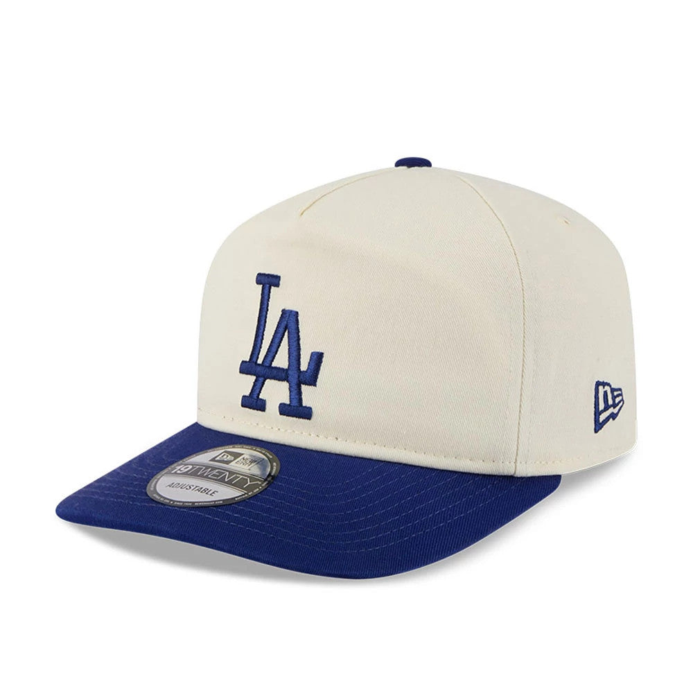LA Dodgers MLB 2 Tone Washed Cream New Era 19TWENTY Adjustable Cap, front view showing raised blue LA logo on the cream front panels, blue visor with 19TWENTY size sticker, and blue New Era flag logo on the left side.