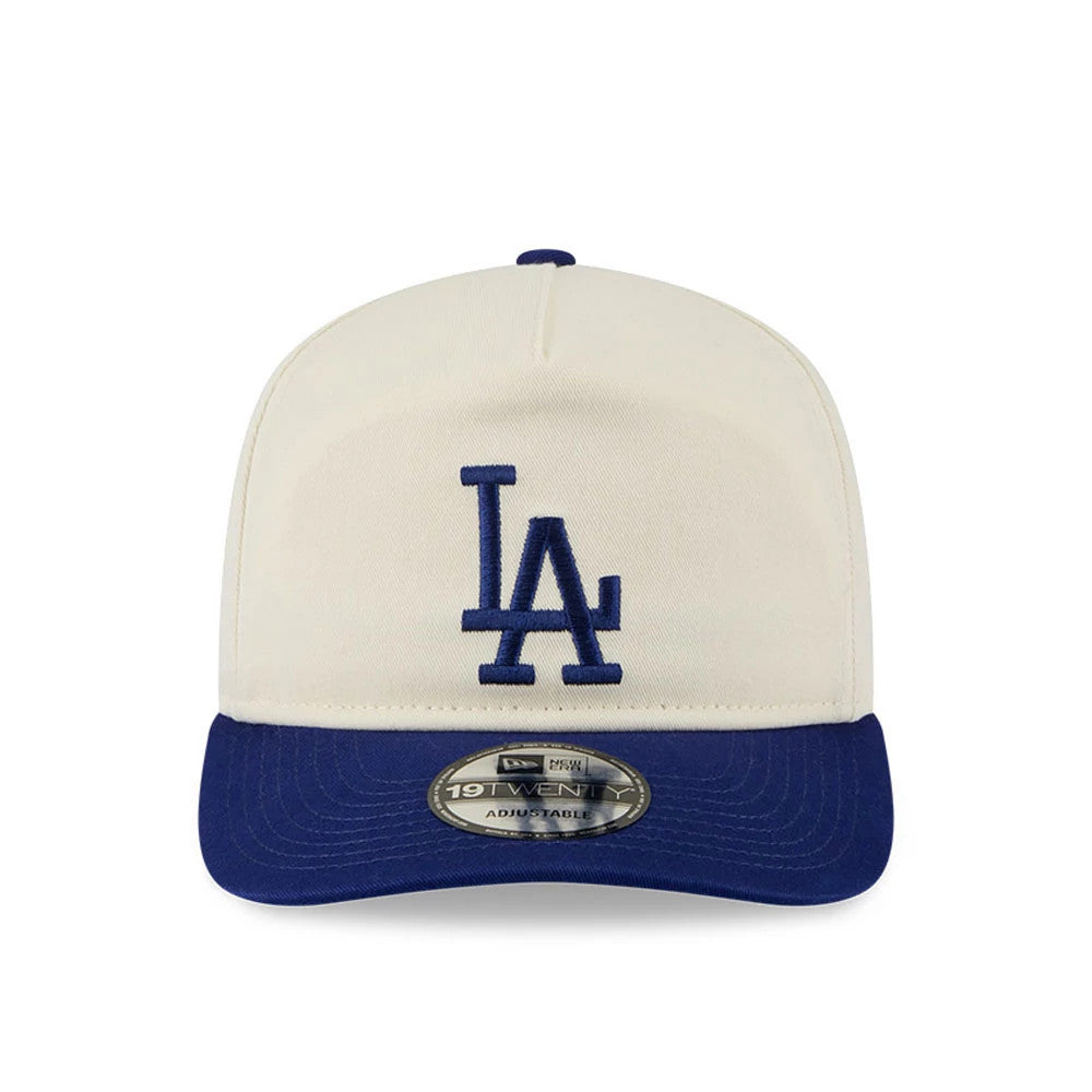 LA Dodgers MLB 2 Tone Washed Cream New Era 19TWENTY Adjustable Cap, front view showing the blue LA logo with raised embroidery on the cream crown, a contrasting blue visor, and a 19TWENTY size sticker.