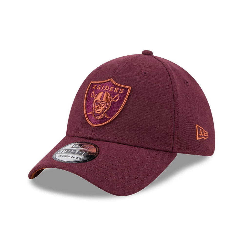 Pictured is this NFL Frosted Rust Las Vegas Raiders 39THIRTY Stretch Fit cap in dark red. 1