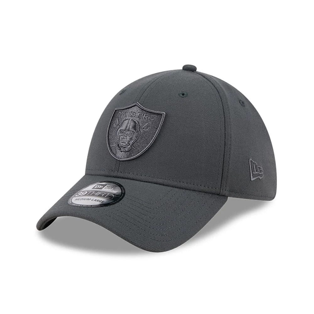 Pictured is this NFL Steel Las Vegas Raiders 39THIRTY Stretch Fit cap in charcoal. 1