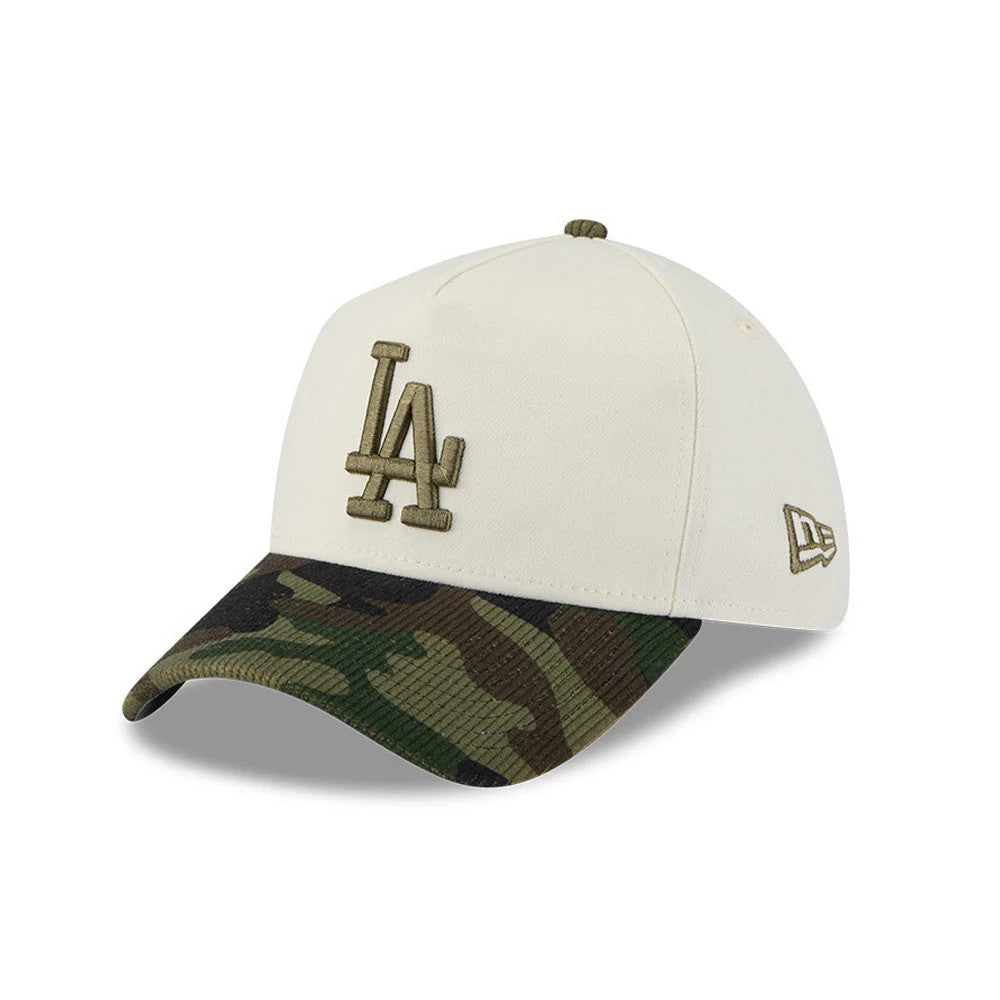 Pictured is this MLB Camo Visor LA Dodgers 39THIRTY A-Frame Stretch Fit cap in Cream. 1