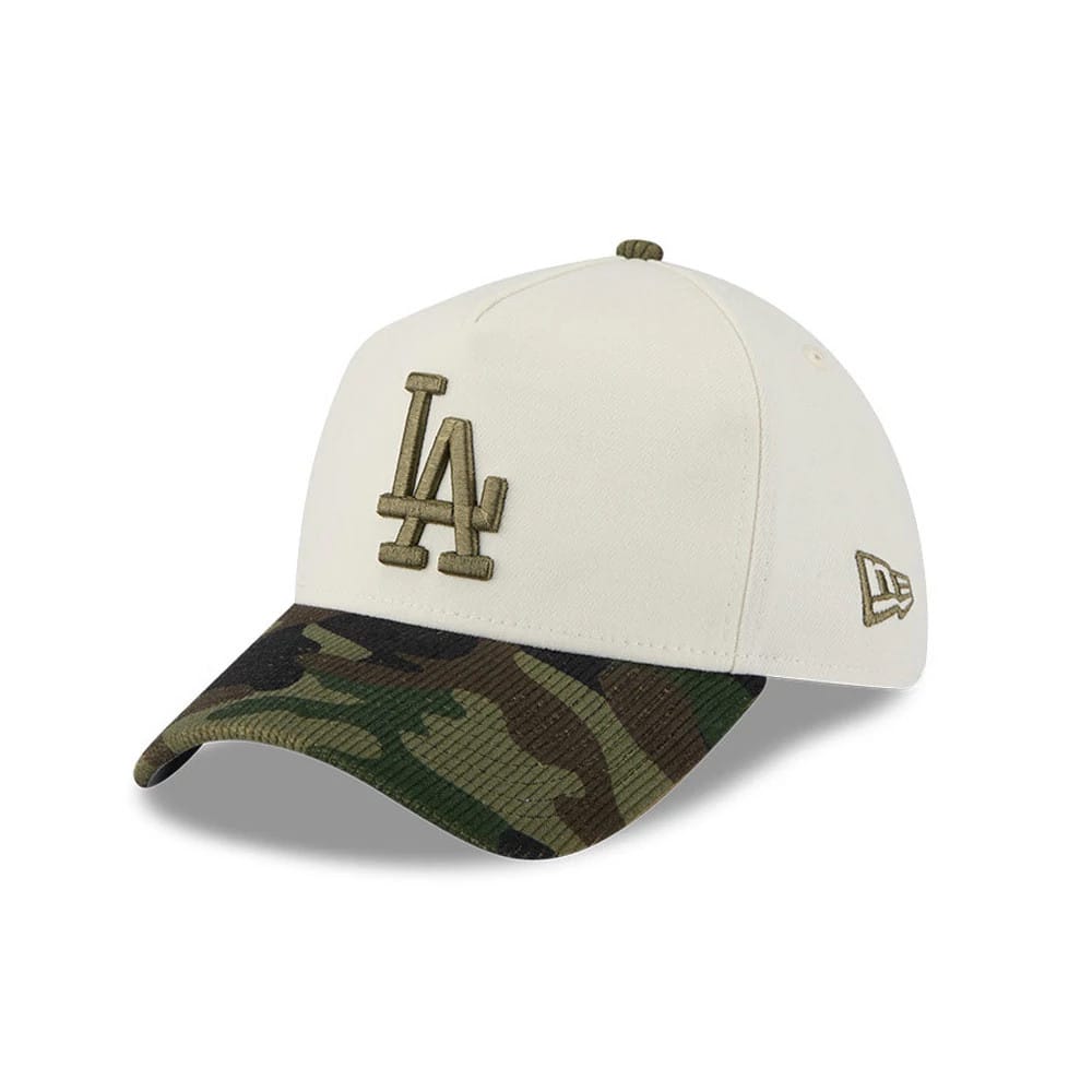 Pictured is this MLB Camo Visor LA Dodgers 39THIRTY A-Frame Stretch Fit cap in Cream. 1