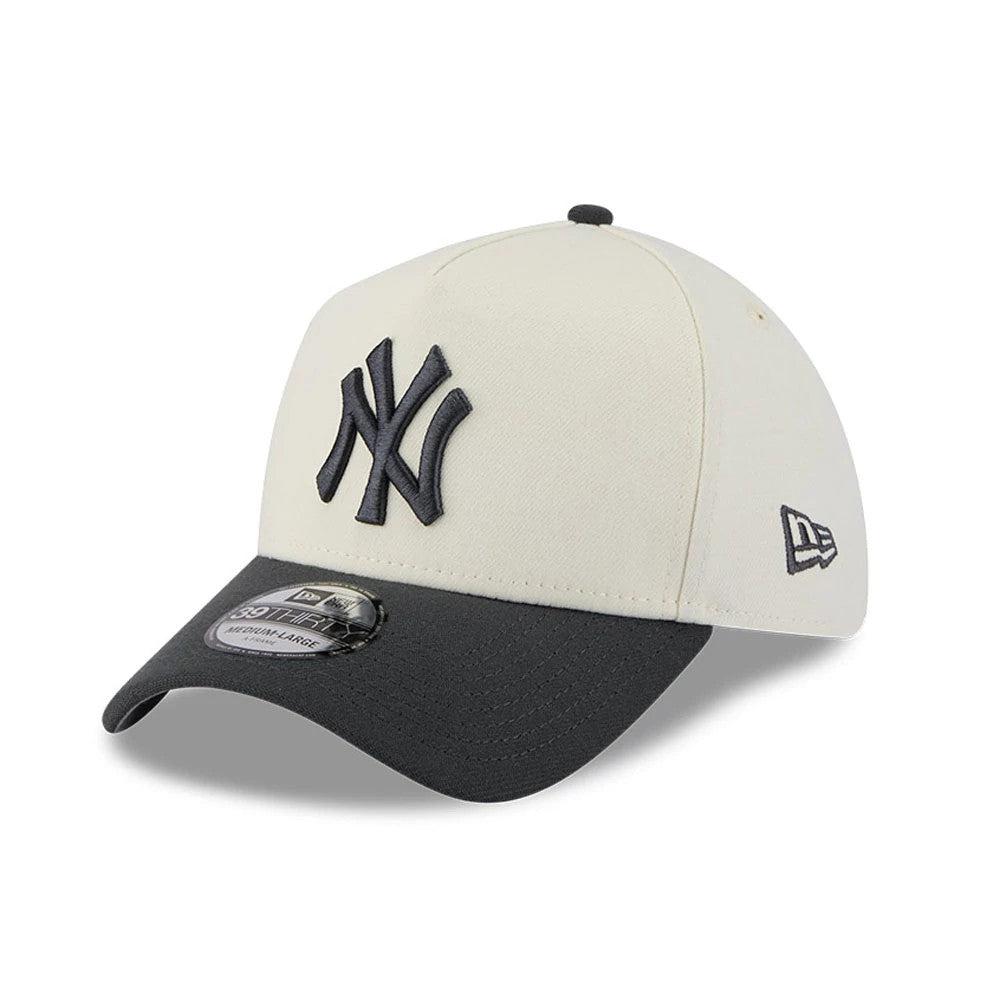 Pictured is this MLB Chrome New York Yankees 39THIRTY A-Frame Stretch Fit cap in cream. 1