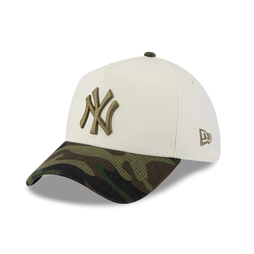 Pictured is this MLB Camo Visor New York Yankees 39THIRTY A-Frame Stretch Fit cap in Cream. 1