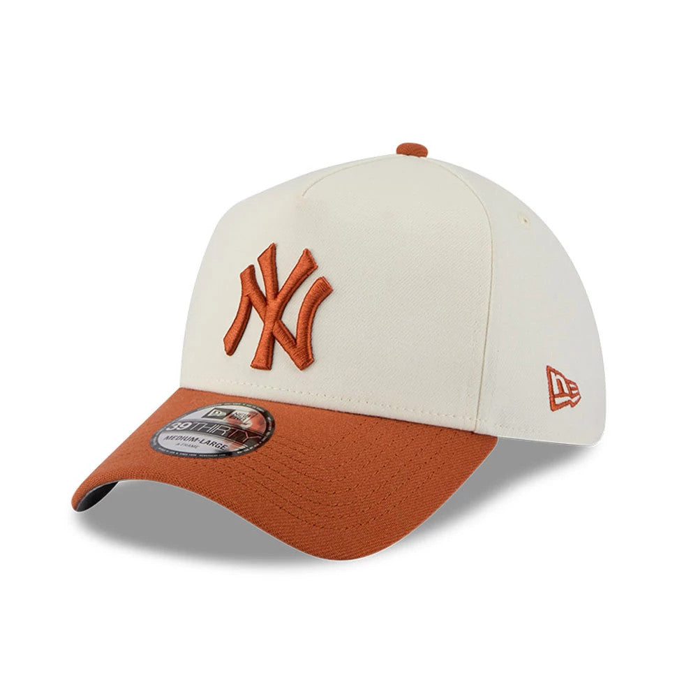 New York Yankees MLB Chrome Burnt Orange Logo New Era 39THIRTY A-Frame Stretch Fit Cap, three-quarter view showing the raised burnt orange NY logo on the front panel, a matching visor with a 39THIRTY size sticker.