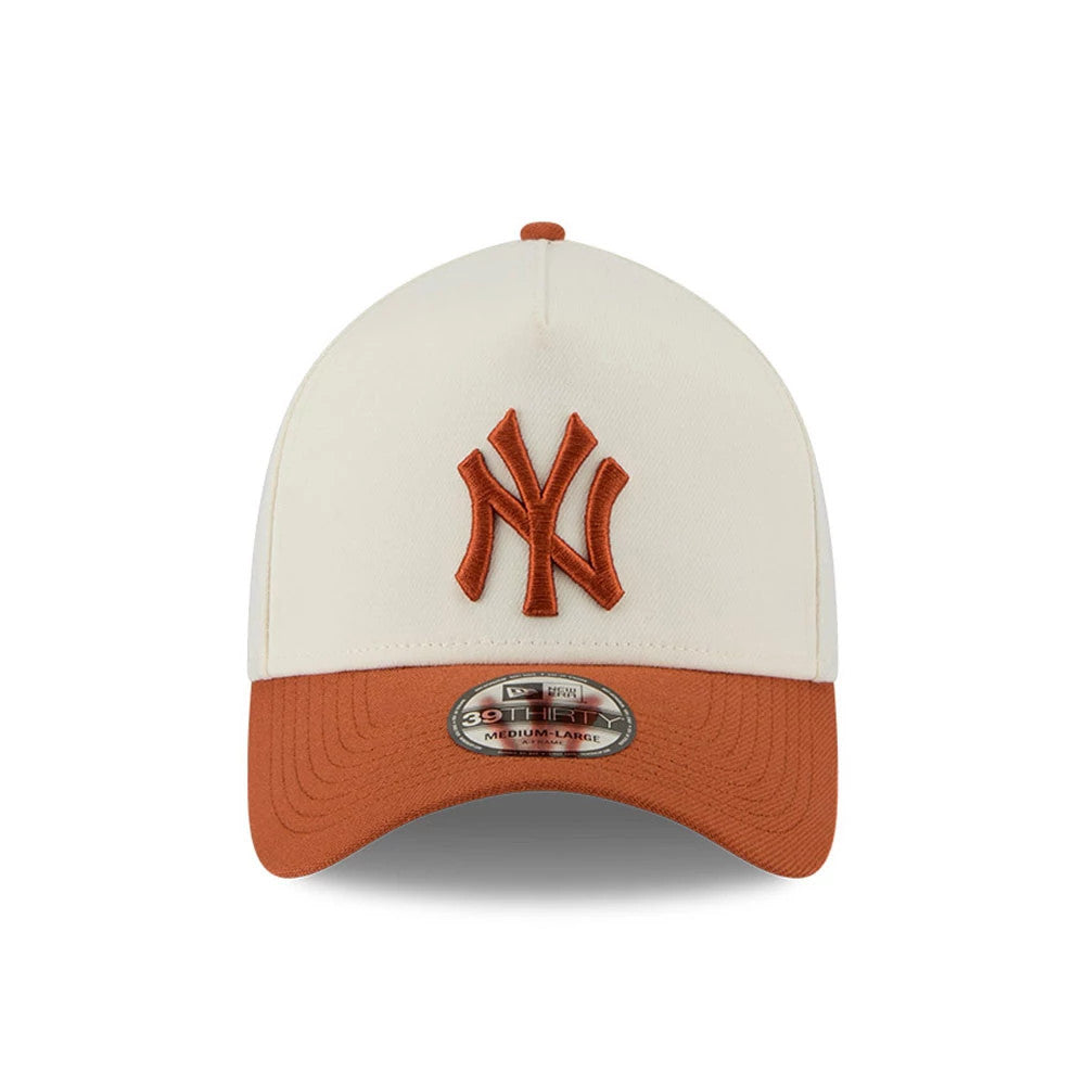 New York Yankees MLB Chrome Burnt Orange Logo New Era 39THIRTY A-Frame Stretch Fit Cap, front view showing a burnt orange embroidered NY logo on the high structured cream crown, with a burnt orange curved visor and grey 39THIRTY size sticker.