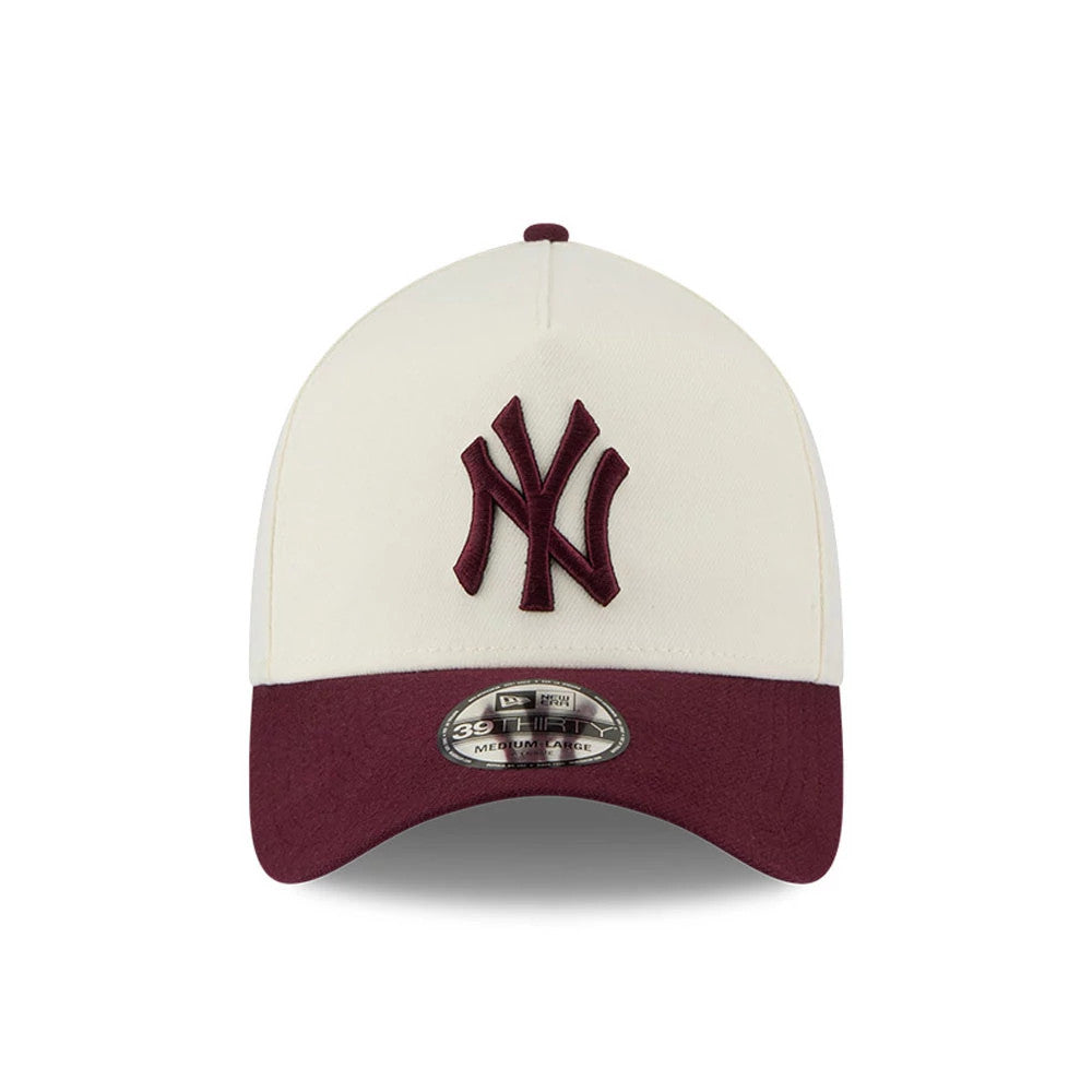 New York Yankees MLB Chrome Dark Red New Era 39THIRTY A-Frame Stretch Fit Cap, front view showing the dark red embroidered NY logo on the structured chrome crown, with a matching dark red curved visor and 39THIRTY size sticker.