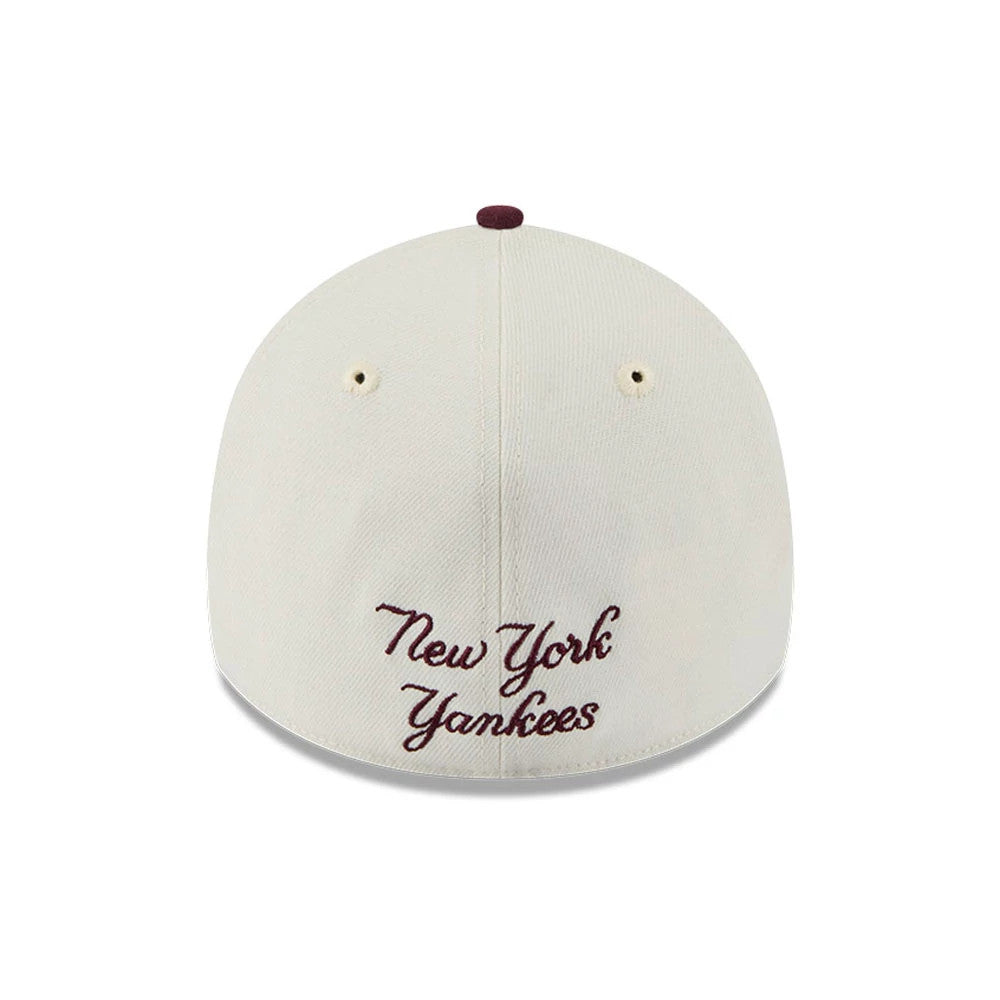 New York Yankees MLB Chrome Dark Red New Era 39THIRTY A-Frame Stretch Fit Cap, rear view showing dark red embroidered New York Yankees script across the back, with a matching dark red top button and cream-coloured eyelets.