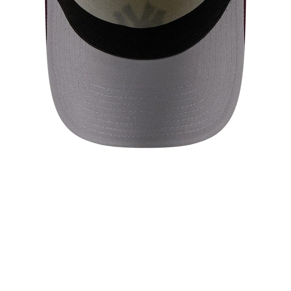 New York Yankees MLB Chrome Dark Red New Era 39THIRTY A-Frame Stretch Fit Cap, underside view showing the grey undervisor and the black interior lining, highlighting the structured curve of the visor.